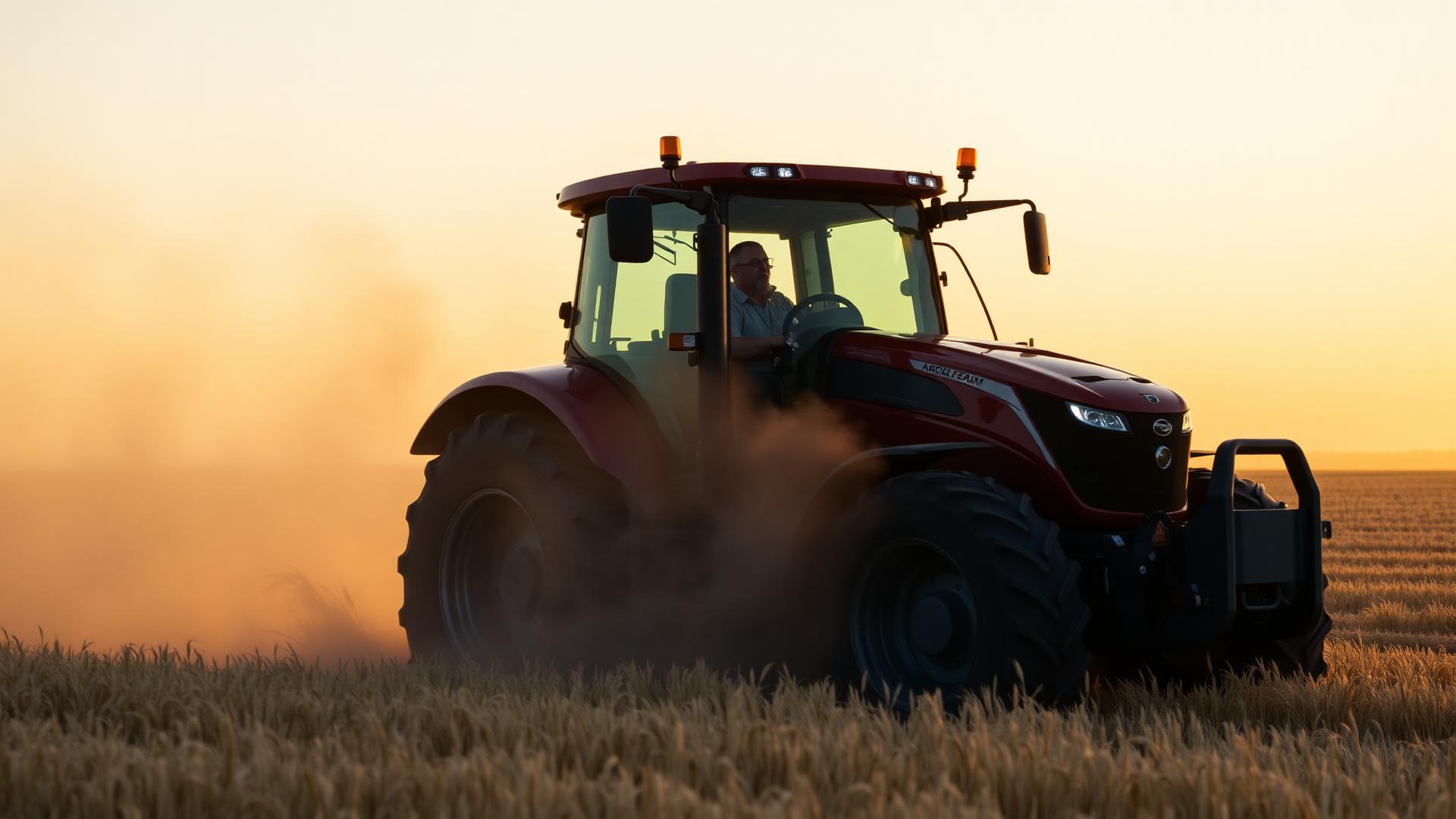 Tractor working an Australian wheat paddock at sunset